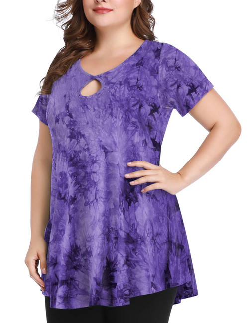 MONNURO Women's Short Sleeve Plus Size Tie Dye Shirts Casual Loose Summer Keyhole Sexy Tunic Tops for Leggings(Purple,6X)