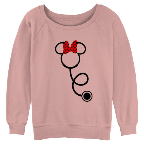 Disney Women's Mouse Minnie Stethoscope Junior's Raglan Pullover with Coverstitch, Desert Pink, Small