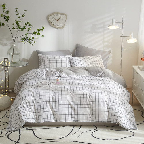 Grid Duvet Cover Twin Preppy Plaid Bedding Set Twin White and Black Checkered Cotton Boys Teen Farmhouse Soft Hotel Modern Geometric Duvet Cover Set with Zipper for Girl Men Women, No Duvet