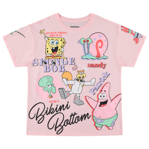 SpongeBob SquarePants Ladies Fashion Shirt - Squidward, Patrick and Mr Krabs Multi Print Allover Tee (Light Pink, Large)
