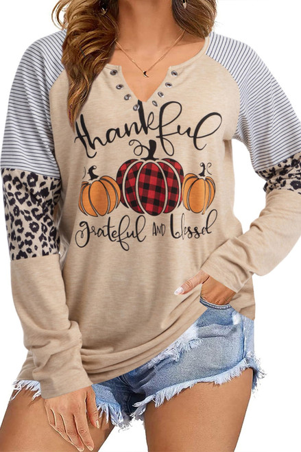 Thankful Grateful Blessed Plus Size T Shirt Women Thanksgiving Pumpkin Long Sleeve Blouse Leopard Print Striped Tee Tops