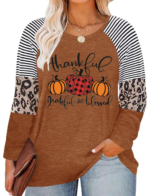 Plus Size Thanksgiving Shirts for Women Thankful Grateful Blessed Shirt Leopard Pumpkin Tshirt Fall Shirt(Brown,4XL)