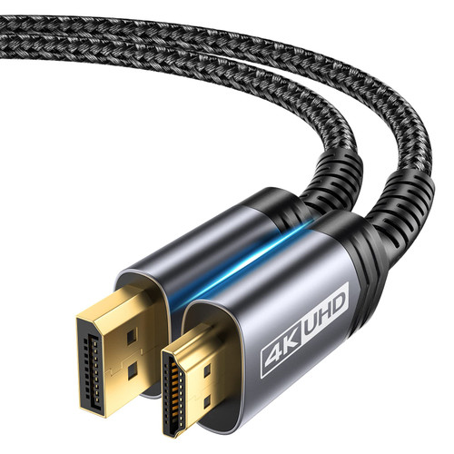 JSAUX 4K DisplayPort to HDMI Cable 15FT, DP to HDMI Video UHD 2K@120Hz/4K@30 Nylon Braided DP to HDTV Uni-Directional Cord for Dell, Monitor, Projector, Desktop, AMD, NVIDIA, Lenovo, HP,ThinkPad-Grey