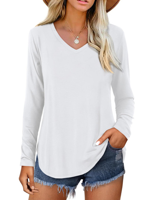 Amoretu Women Long Sleeve Tee Shirts V Neck Blouses Tops White XL