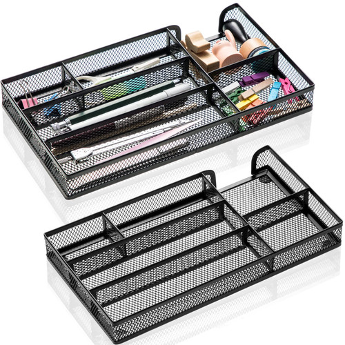 2 Pcs Desk Drawer Organizer Tray 6 Compartments Desktop Metal Mesh Drawer Organizer Black Desk Organizer Tray Desk Storage Drawer for Stationery Makeup Office Home School Accessories Supplies