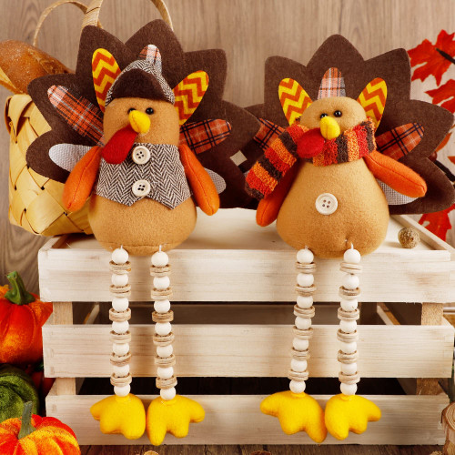 winemana Thanksgiving Decorations Set of 2 Turkeys with Dangling Legs, Mr and Mrs Turkey Couple Plush Tabletop Centerpieces for Fall Harvest Home Kitchen Shelf