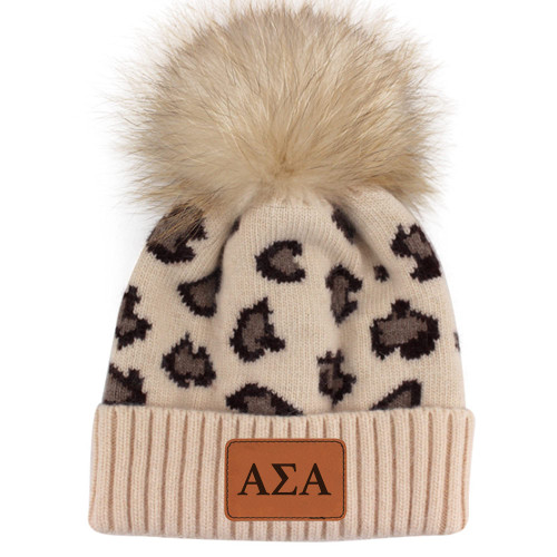 Sorority Shop - Alpha Sigma Alpha Beanie Hat - Leopard Print - ASA Name Patch