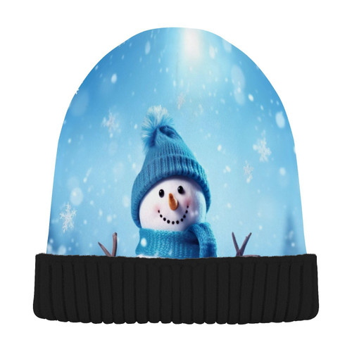 Winter Snowman Christmas Blue Beanie Hat for Men Women Beanie Winter Hat Unisex Cuffed Beanie Warm Knit Hat for Cold Weather