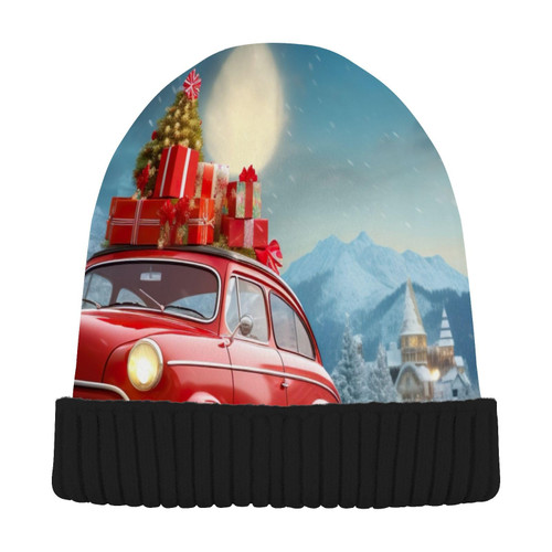 Christmas Vintage Red Car Beanie Hat for Men Women Beanie Winter Hat Soft Knit Beanie Hat Slouchy Beanies for Women