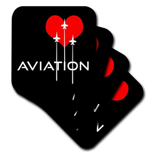 3dRose cst_271999_3 Red Heart, Three Fighter Planes, Contrails Text Aviation on Black Ceramic Tile Coasters (Set of 4)