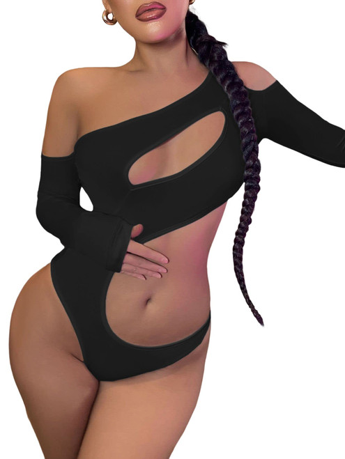 Floerns Women's Cut Out Asymmetrical Neck Long Sleeve T Shirt Bodysuit Tops Black S