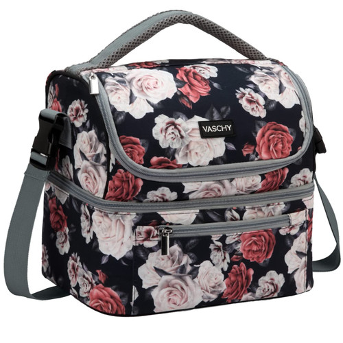 VASCHY Lunch Bag for Women, Insulated Lunch Box Leak-proof Cooler Bag in Dual Compartment Lunch Tote for Work 14 Cans Rose