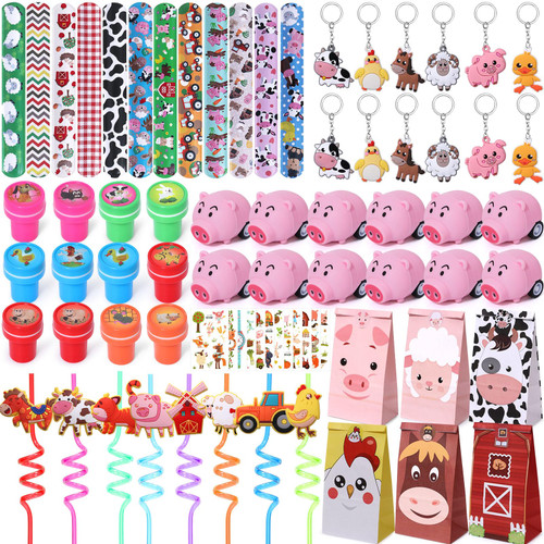 KELENO 84PCS Farm Party Favors Farm Animal Barnyard Birthday Party Supplies Pig Friction Car Straw Stamp Slap Bracelet Keychain Sticker Goodie Bag Stuffer for Kids Toy Carnival Prize Pinata Filler KELENO 84PCS Farm Party Favors Farm Animal Barnyard Birthday Party Supplies Pig Friction Car Straw Stamp Slap Bracelet Keychain Sticker Goodie Bag Stuffer for Kids Toy Carnival Prize Pinata Filler