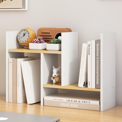 White Desk Organizers and Storage Small Desktop Bookshelf Length Expandable Desk Organization Shelves Counter Corner Book Shelf Adjustable Narrow Book Organizer for Desk Countertop