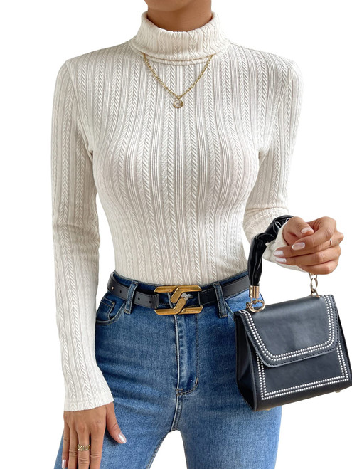 Milumia Women's Casual Rib Knit High Neck T Shirts Long Sleeve Fitted Tee Work Tops Solid Apricot Medium