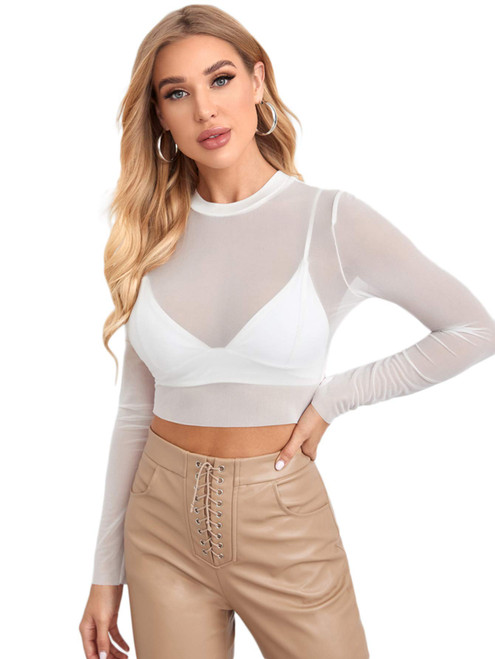 Verdusa Women's Basic Long Sleeve Crop Top See Through Sheer Mesh Tee Shirt White XL