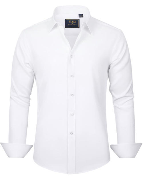 J.VER Men's Dress Shirts Solid Long Sleeve Stretch Wrinkle-Free Shirt Regular Fit Casual Button Down Shirts White Medium