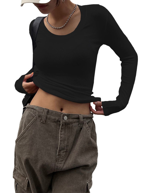 COZYEASE Women's Long Sleeve Basic Tops Round Neck Ribbed Knit Slim Fit Tee Shirt Fall Outfits Black M