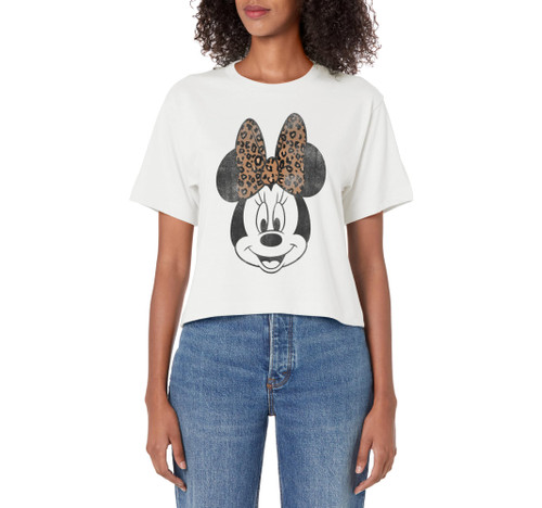 Disney Minnie Mouse Vintage Leopard Print Bow Portrait Women's Crop Top