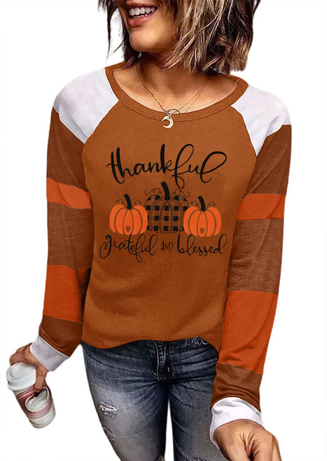 Thankful Grateful Blessed Shirt for Women Plaid Pumpkin Long Sleeve Tshirts Leopard Stripe Striped Thanksgiving Fall Tee Tops