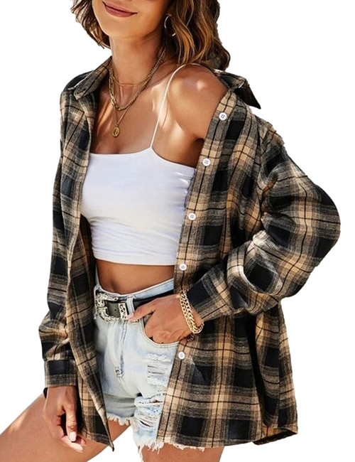 Zontroldy Plaid Flannel Shirts for Women Oversized Long Sleeve Button Down Buffalo Plaid Shirt Blouse Tops (0228-Khaki-XXL)