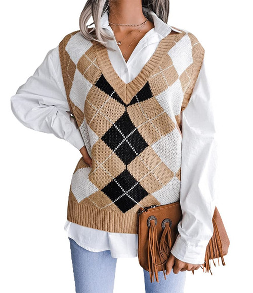 chouyatou Women's Loose V-Neck Preppy Style Argyle Plaid Knitted Sweater Vest (Large, Khaki)