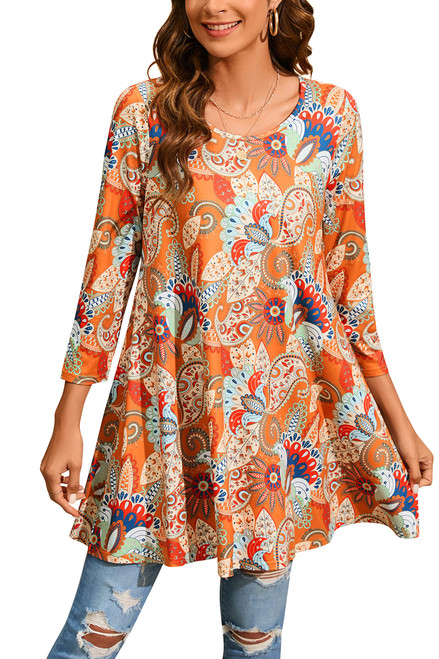 ENMAIN Women's Tunics Tops Plus Size Loose Fit 3/4 Sleeve Top Dressy Casual Swing Paisley Floral Orange Crewneck Hide Belly Tunic Tops to wear with Leggings