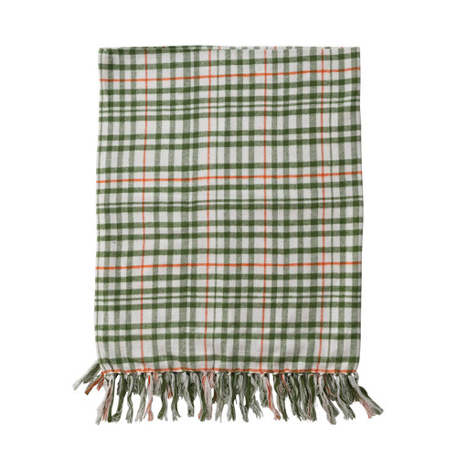 Creative Co-Op Cotton Flannel Throw with Fringe, Green, White and Sienna Creative Co-Op Cotton Flannel Throw with Fringe, Green, White and Sienna