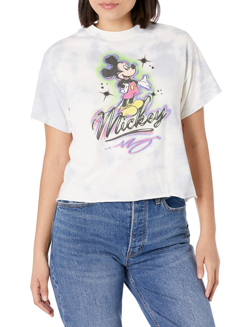 Disney Characters Airbrush Mickey Women's Fast Fashion Short Sleeve Tee Shirt, White/Blue, Large