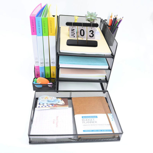 RHONZHAO Desk Organizer with File Holder,4-layer paper tray organizer with Drawer and 1 Pen Holder, Mesh Desktop Organizer and Storage with Magazine Holder for Office Supplies (Black)