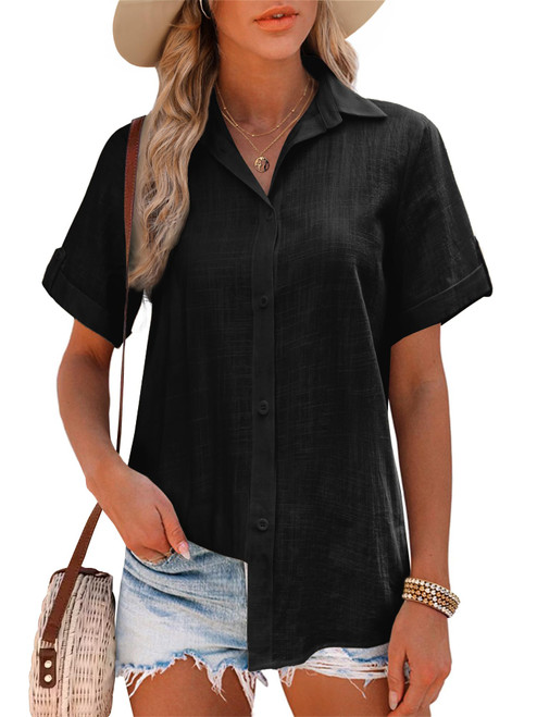 Pausus Womens Oversized Button Down Blouse Linen Collar Shirts Cotton Casual Short Sleeve Tops Black XXL