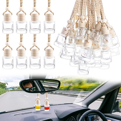 50 Pcs Car Hanging Air Freshener Empty Car Essential Oil Diffuser Bottles Pendant Glass Perfume Bottles Aromatherapy Fragrance Bottle Auto Ornaments Decor