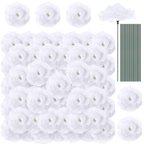 Yunlly 100 Pcs Flowers Long Stem Artificial Rose Flowers Roses Fake Faux Artificial Roses Bouquet Wedding Party Home Decor for DIY Baby Shower Centerpieces Tables Home Decorations (White)