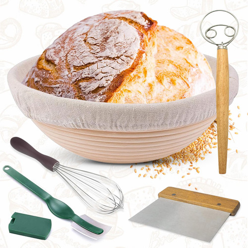 Bread Banneton Proofing Basket,Round 9 inch Sourdough Starter Kit,Sourdough Bread Baskets proofing Baking,Bread Making Supplies Tools for Making Baking Bread Rising Fermentation Gift Set