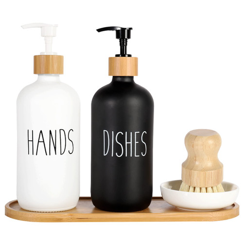 2 Pack Glass Soap Dispenser Set with Tray and Bamboo Dish Brush, Hand and Dish Soap Dispenser 16oz Kitchen Dish Soap Dispenser Set Farmhouse Decor Dish Soap Pump Bottle (Black & White)