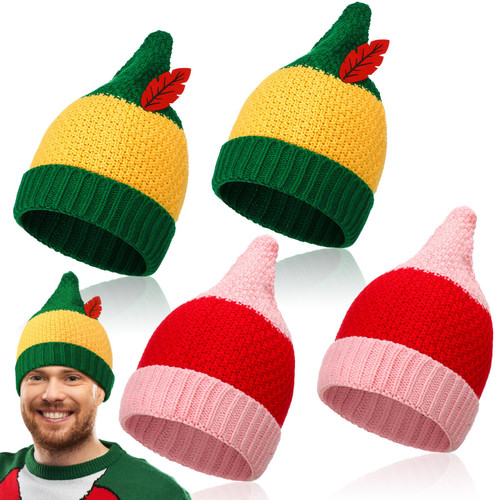 4 Pcs Knitted Santa Hat Elf Hats Christmas Hat Adults Knit Beanie Hat Skull Cap Winter Hats for Women Men (Cute Style)