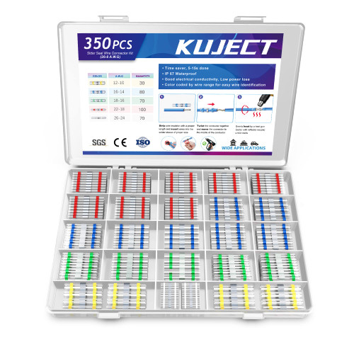 Kuject 350PCS Solder Seal Wire Connectors, Self-Solder Heat Shrink Butt Connector Solder Sleeve Waterproof Insulated Electrical Butt Splice Wire Terminals for Marine Automotive Boat Truck Wire Joint