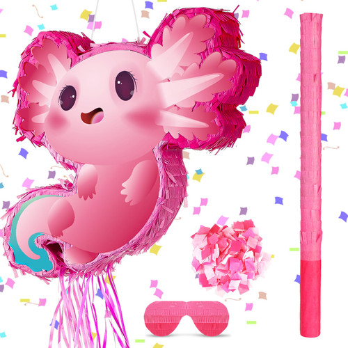 Axolotl Pinata Birthday Party Supplies Animals Pinata with a Blindfold, Bat and Confetti for Axolotl Party Favors for Kids Girls Birthday Baby Shower Party Supplies, 15.75 x 12.2 x 2.95 Inch