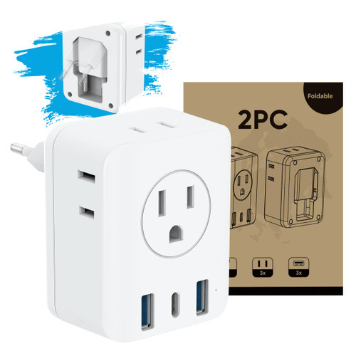 2PC European Travel Plug Adapter,Foldable 4AC International Power Plug Adapter with USB C, Type C Outlet Adaptor Charger for US to Most Europe EU Iceland France Germany Spain Italy Travel