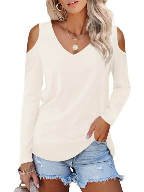 Amoretu Womens Tops Cutout Long Sleeve Casual V Neck Blouse T-Shirts (Cream,XL)