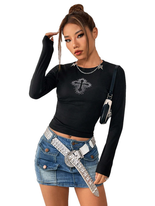 SOLY HUX Women's Y2k Rhinestone Graphic Tees Long Sleeve T Shirt Crop Top Black Graphic L SOLY HUX Women's Y2k Rhinestone Graphic Tees Long Sleeve T Shirt Crop Top Black Graphic L