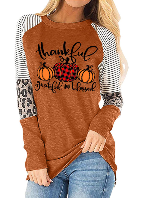 Thankful Grateful Blessed Shirts Women Thanksgiving Pumpkin T-Shirt Fall Tshirt Raglan Sleeve Top Tees (Brown, X-Large)