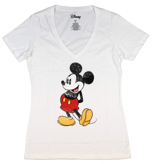 Disney Womens Mickey Mouse Stand V-Neck Tee (as1, Alpha, l, Regular, Regular, White)
