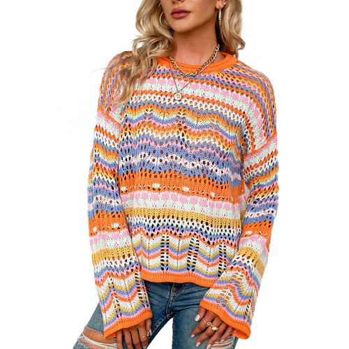 Rixiland Women Crochet Sweaters Striped Long Sleeve See Through Knit Casual Jumper Hollow Out Pullover Sweaters Y2K Top Orange