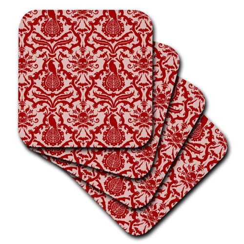 3dRose Bats, Ravens, Brains and Skulls Goth Horror Damask Pattern in Red - Soft Coasters, set of 8