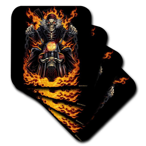 3dRose Skeleton riding a motorcycle surrounded by flames, set of 8 Soft Coasters