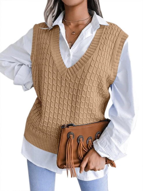 Odsufo Cable Knit Vest,V Neck Sleeveless Sweater Loose Casual Pullover Knitwear Tank Tops Khaki S