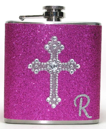 Personalized Pink Rhinestone Glitter Sparkly Cross 6 oz Stainless Steel Liquor Hip Flask Gift