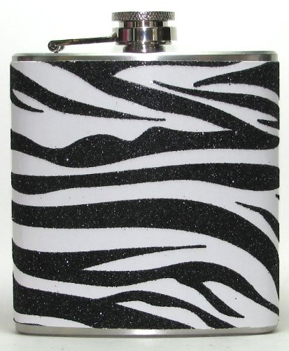 Black & White Zebra Print Glitter Sparkly 8 oz Stainless Steel Hip Flask Gift