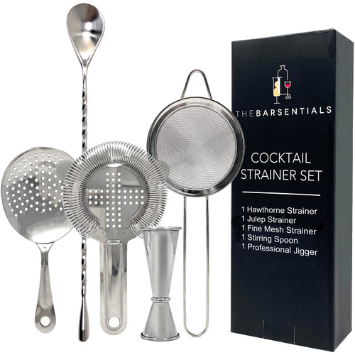 TheBarsentials Cocktail Strainer Set Stainless Steel Bar Tool with Stirring Spoon - Hawthorne Strainer, Julep Strainer, Fine-Mesh Strainer, Jigger